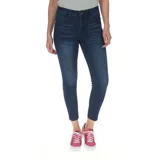 Pantalón de jean azul oscuro, corte skinny, tiro alto y largo al tobillo.