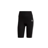 Calza corta de lycra negra con cintura alta y tres rayas blancas verticales en los laterales. Logo de Adidas bordado en blanco en la pierna izquierda.