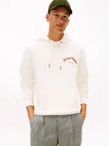 Buzo con capucha Tommy Hilfiger de color blanco, confeccionado en felpa de algodón regenerativo, con bolsillo tipo canguro y logo bordado en el pecho.