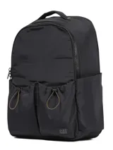 Mochila Cat modelo Virginia Laptop Back, color negro, de diseño ligero y repelente al agua, con asa superior, correas ajustables y acolchadas, compartimento independiente para computadora portátil en el panel trasero, compartimento principal con bolsillos internos de malla, bolsillos frontales con cierre de cordón y correa para trolley en la parte trasera.