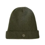 Gorro de lana verde oliva con diseño acanalado y parche con logo en el dobladillo.