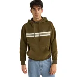 Canguro verde con capucha y cordones ajustables, bolsillo tipo canguro y logo "Rhythm" bordado en el pecho. Presenta dos franjas horizontales blancas en la parte superior.