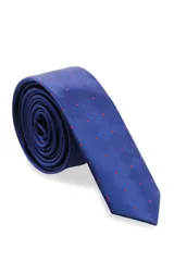 Corbata azul con diseño geométrico y pequeños detalles en rojo.