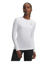 Remera térmica de manga larga Under Armour CG Authentics Crew para mujer, en color blanco, de corte ajustado y diseño liso con cuello redondo y el logotipo de la marca impreso en el pecho.