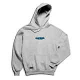 Canguro gris con capucha y bolsillo frontal tipo canguro. Presenta un estampado pequeño en el centro del pecho con el logo de la marca en estilo graffiti y una etiqueta pequeña en la parte inferior.