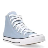 Championes de lona de caña alta, color celeste, con puntera de goma blanca, cordones blancos y suela de goma con franja negra.