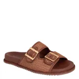 Sandalias planas Bottero para mujer, de tipo slide, color marrón. Presentan dos tiras con textura trenzada, cada una con hebilla metálica dorada decorativa y ajustable. Tienen plantilla anatómica y suela dentada.