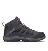 Bota de trekking Columbia modelo Crestwood Mid WTPF, color gris oscuro, confeccionada en una combinación de cuero y malla. Cuenta con tecnología impermeable, entresuela acolchada para mayor amortiguación y suela de goma con tracción para diversos terrenos.