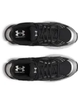 Championes deportivos Under Armour modelo Sola, con diseño futurista en color negro, detalles plateados y suela blanca. Presentan parte superior ligera con superposiciones, refuerzo de TPU en el talón y entresuela de EVA acolchada.