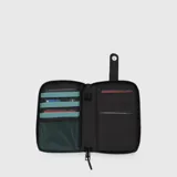 Cartera tipo porta pasaporte de diseño minimalista y compacto, color negro, con cierre perimetral y correa ajustable con logo de la marca estampado.