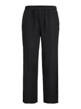 Pantalón de jogging negro de pierna ancha, tiro medio alto y corte amplio. Con cintura elástica ajustable con cordón, bolsillos delanteros y traseros, y puños doblados.