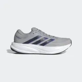 Championes de running Adidas Response 2, color gris con detalles en azul oscuro y entresuela blanca. Presentan una parte superior de malla transpirable, cierre con cordones y tecnología Cloudfoam+ en la entresuela para mayor amortiguación.