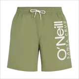 Short de baño verde con cintura elástica ajustable con cordón y logo de la marca O'Neill estampado en blanco en la pierna izquierda.