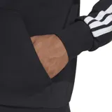 Campera Adidas Essentials 3 Tiras negra con capucha y cierre frontal. Tiene bolsillos tipo canguro, puños y dobladillo acanalados, hombros caídos y las tres tiras blancas características de la marca en las mangas.