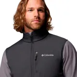 Campera softshell Columbia modelo Ascender, de color gris oscuro en la parte superior y gris claro en la inferior. Cuenta con cuello alto, cierre frontal completo, bolsillos laterales y en el pecho con cierre, y logo de la marca bordado.