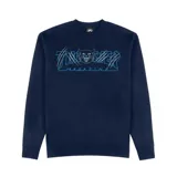 Buzo de cuello redondo Thrasher, color azul marino, con estampado frontal gráfico que incluye el logo de la marca, un gato y marcas de garras.