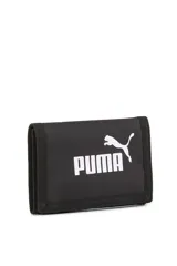 Billetera Puma Phase Waist de diseño compacto en color negro, con el logotipo de la marca impreso en blanco en la parte frontal.