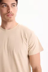 Remera de manga corta color beige, con cuello redondo y diseño clásico.