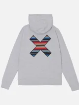 Canguro gris con capucha y cordones ajustables, con estampado en la espalda con diseño geométrico en forma de equis (X) con motivos tribales en colores rojo, naranja, azul y blanco.