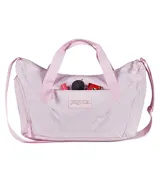Bolso deportivo tipo duffel de la marca Jansport, color bordó, con doble asa de mano y correa ajustable para hombro. Cuenta con cierre principal, bolsillo frontal con cierre y logo de la marca aplicado.