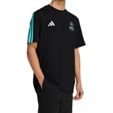 Remera de algodón negra con cuello redondo y mangas cortas. Presenta el logo de Adidas en el pecho derecho y el logo de Mercedes-AMG Petronas Formula 1 Team en el pecho izquierdo. Incluye detalles de bandas laterales en color turquesa.