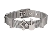 Pulsera de acero plateado con malla metálica, cierre ajustable con hebilla y dos dijes colgantes: una nota musical y una guitarra eléctrica.