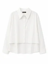 Camisa de corte recto y diseño superpuesto en el frente, con cuello clásico, cierre frontal de botones y mangas largas con puños rectos.