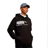 Canguro negro con capucha y cordones ajustables, de corte holgado. Presenta el logo de la marca Puma estampado en blanco en el pecho junto con la inscripción Sportswear Est. 1948.