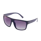 Lentes de sol MDQ modelo Sulawesi, con armazón de acetato color azul oscuro y negro, y cristales degradados en tono violeta. Presentan detalle de placa metálica con logo en las patillas.