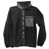Campera de polar negro con cierre frontal completo, cuello alto y bolsillo en el pecho con cierre. Presenta detalles en tela técnica en el cuello, cierre y bolsillo.