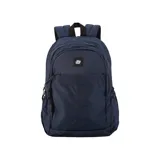 Mochila azul marino con bolsillo frontal con cierre, bolsillo lateral de red y logo estampado en blanco. Incluye correas acolchadas y asa superior.