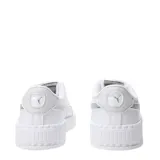 Championes Puma modelo Carina 3.0, de diseño urbano con plataforma. Presentan un acabado en color blanco con detalles metalizados en el logo lateral y la lengüeta.