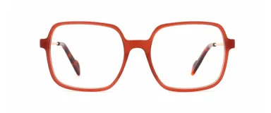 Anteojos de acetato color naranja con forma cuadrada y patillas con estampado carey.