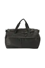 Bolso tipo duffel de poliéster color negro, con asas de mano y bolsillos exteriores con cierre.