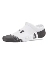 Pack de tres pares de medias invisibles Under Armour, color blanco con puntera y talón en gris oscuro, con logo de la marca en el empeine.
