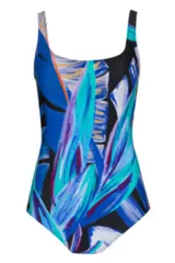 Malla enteriza con estampado de hojas en tonos azul, celeste, blanco, negro y naranja.