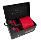 Set de corbata, pañuelo de bolsillo y gemelos color azul petróleo con diseño geométrico. Gemelos plateados con detalle de piedra redonda en el centro.