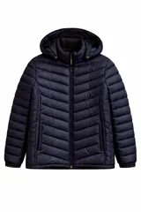 Campera puffer negra con capucha, cierre frontal completo y bolsillos laterales con cierre. Diseño acolchado con costuras horizontales.
