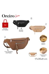 Riñonera Oreiro de color beige, confeccionada en material sintético con cierre principal y bolsillo frontal con cierre y tirador decorativo de cuero sintético con detalles colgantes. Posee correa ajustable con inscripciones y aplique metálico con forma de labios.