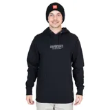 Canguro negro de algodón orgánico con capucha, cordones ajustables, bolsillo tipo canguro y logo estampado en el pecho.