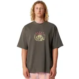 Remera de algodón color gris oscuro con cuello redondo, manga corta y corte holgado. Presenta un estampado gráfico central en tonos amarillos y rosados con la inscripción 'Critical Slide'.