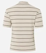 Blusa de ribana color marrón con rayas horizontales blancas, cuello medio, mangas cortas y corte ajustado.