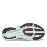 Championes Saucony Ride 15 Runshield de dama, color celeste con detalles en negro y suela color borgoña.