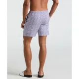 Short de baño con estampado geométrico de monogramas en tonos azul y rojo sobre fondo blanco. Cuenta con cintura elástica con cordón ajustable y bolsillos laterales.