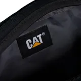 Riñonera Caterpillar color verde oscuro con patrón geométrico, logo de la marca en el frente y correa ajustable negra.