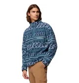 Buzo de polar Columbia con diseño estampado geométrico en tonos azules. Presenta cuello alto con cierre frontal de botones a presión, bolsillo lateral con cierre en el pecho y logo de la marca bordado.