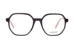 Armazón de anteojos Azzaro modelo 30465, con marco de acetato en color morado oscuro y patillas en tono rosado traslúcido. Diseño de forma geométrica redondeada.