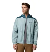 Campera cortavientos Columbia Flashback II en color celeste con capucha y detalles en azul oscuro en hombros y laterales. Cuenta con cierre frontal completo y bolsillos laterales.