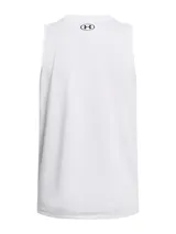 Musculosa deportiva Under Armour de corte holgado, color blanco, con cuello redondo y logo de la marca estampado en el pecho. Confeccionada en tejido técnico de secado rápido y tacto suave.