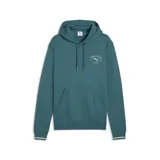 Buzo con capucha y bolsillo tipo canguro, color verde esmeralda. Presenta cordones ajustables en la capucha, puños con detalle de franja blanca y logo de Puma Athletics estampado en el pecho.